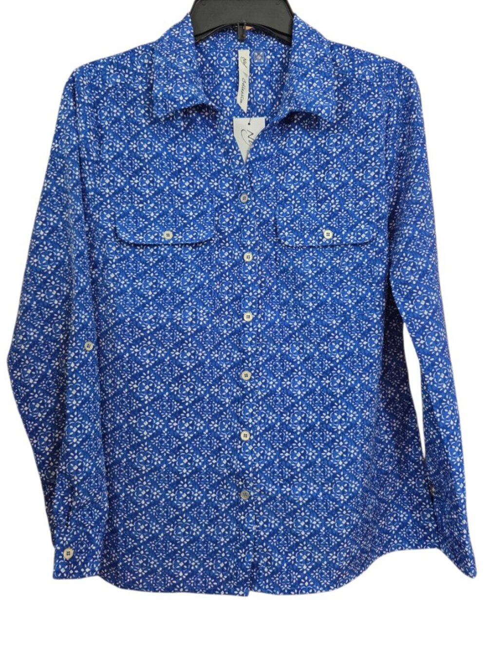 NY Collection Women's Blue 3/4 Sleeve Roll Tab Blouse Size S